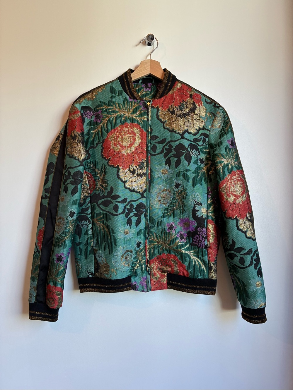 Topman Metallic Gold Floral Brocade Jacquard Bomber Jacket XS